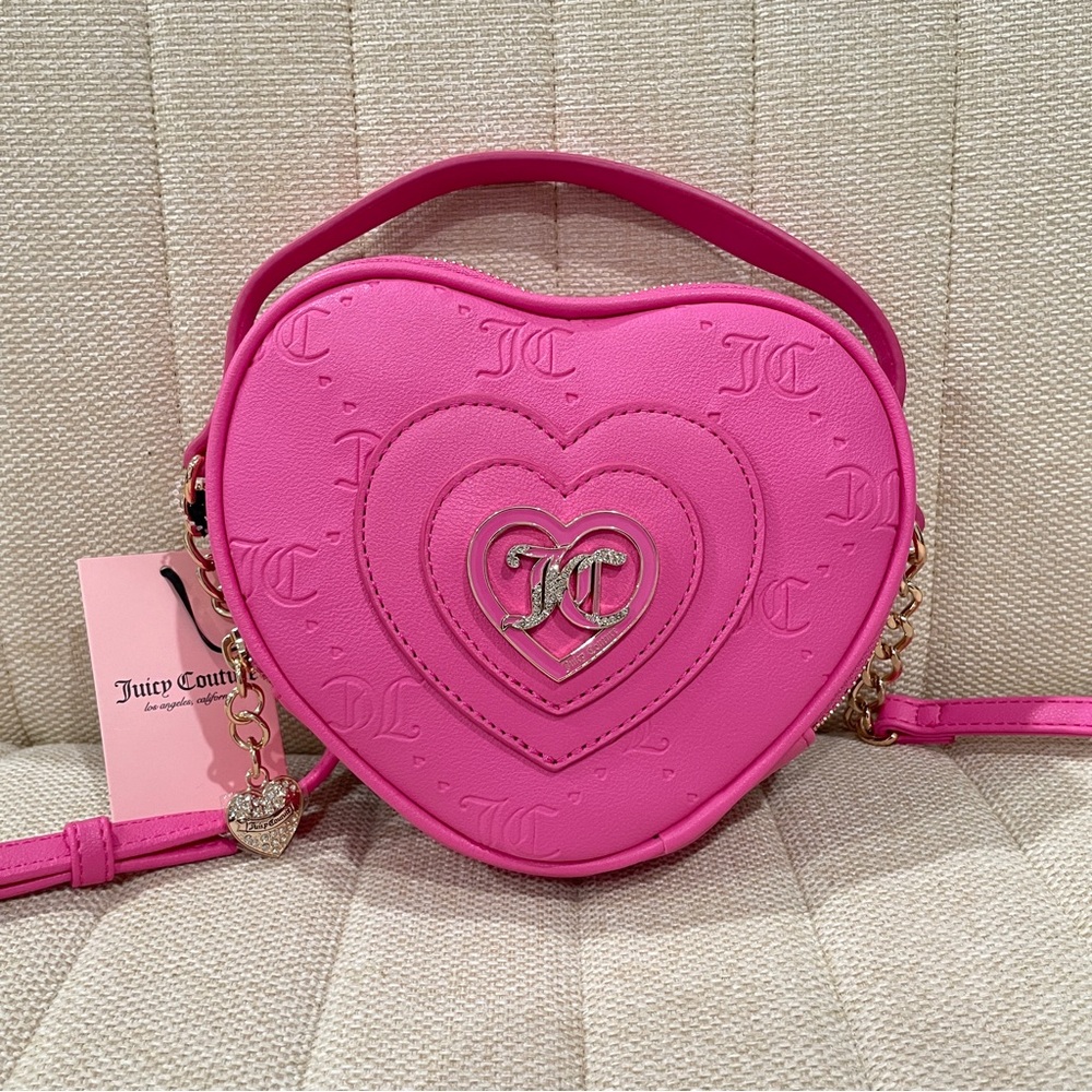 NEW Juicy Couture Hot Pink Heart Crossbody Bag Embossed JC Logo